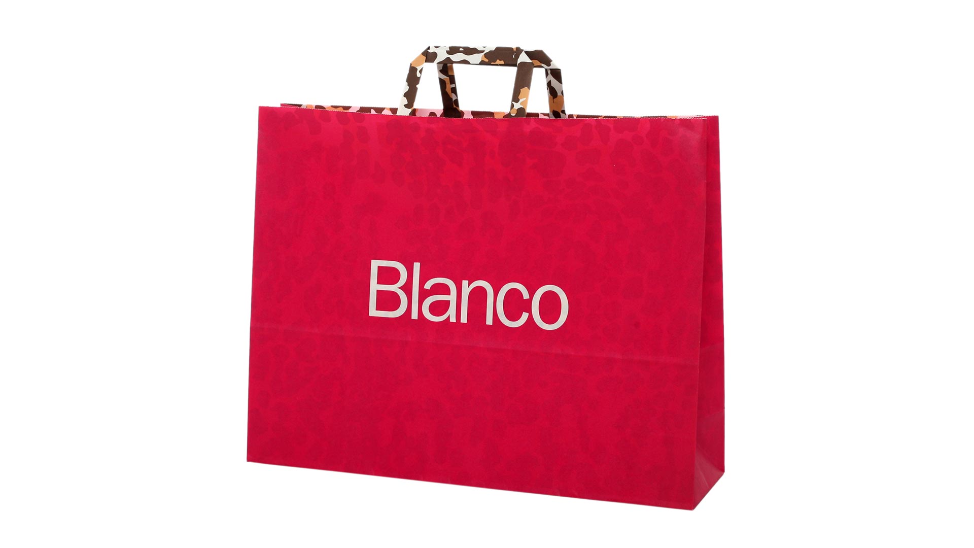 borsetta in carta con sfondo rosso e logo bianco