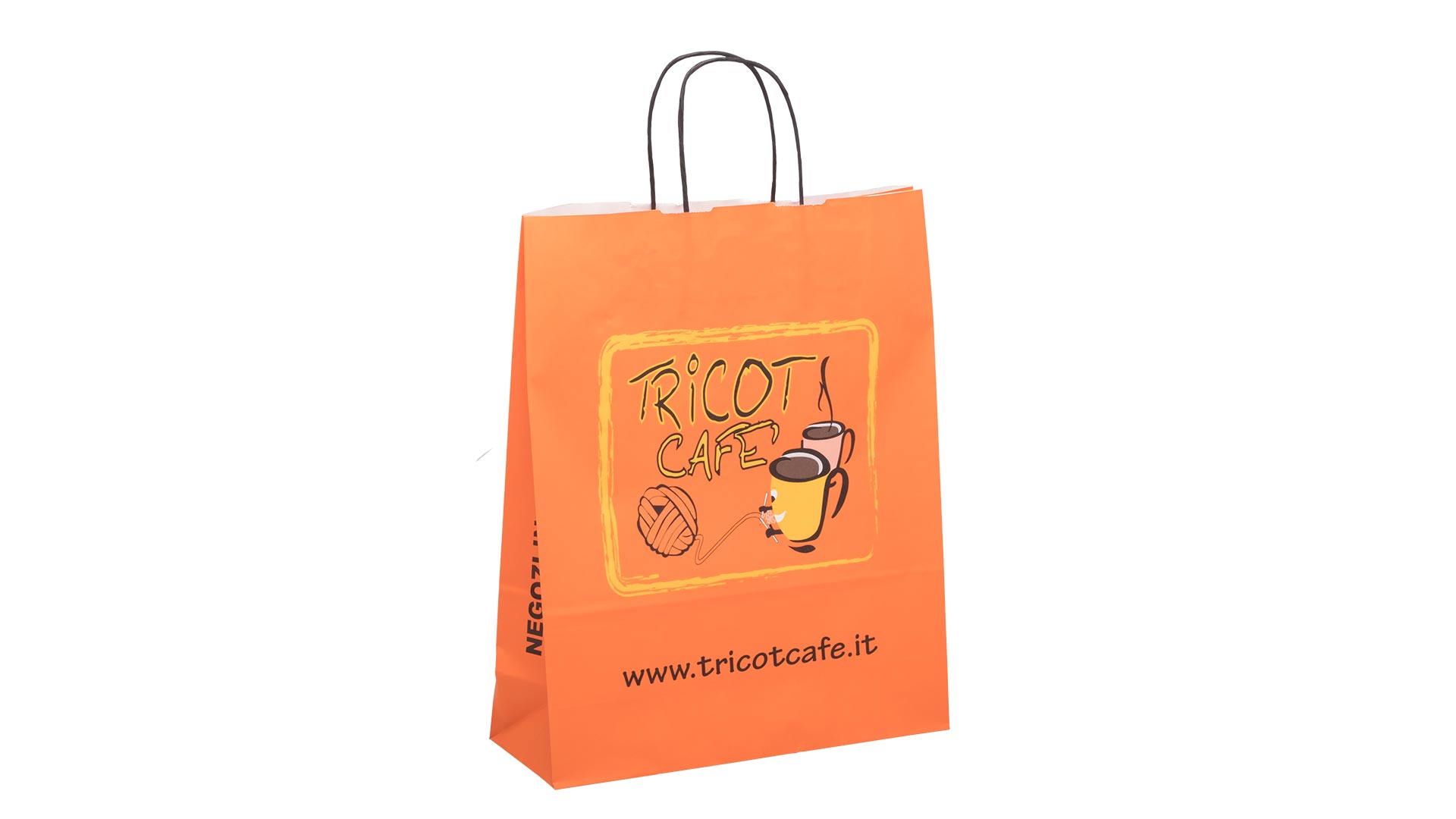 Borsetta in carta arancio e logo tricota cafe