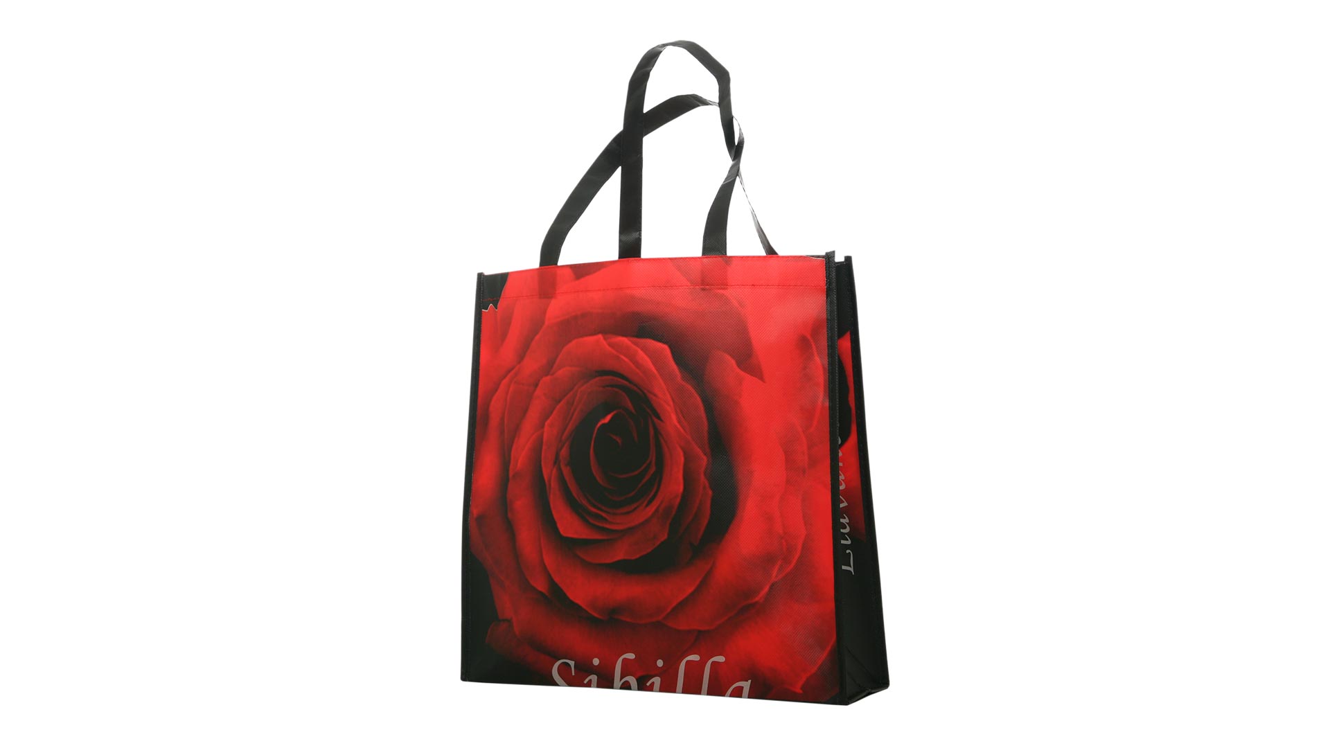 borsterra con maniglie con disegno di una rosa rossa con sfondo nero